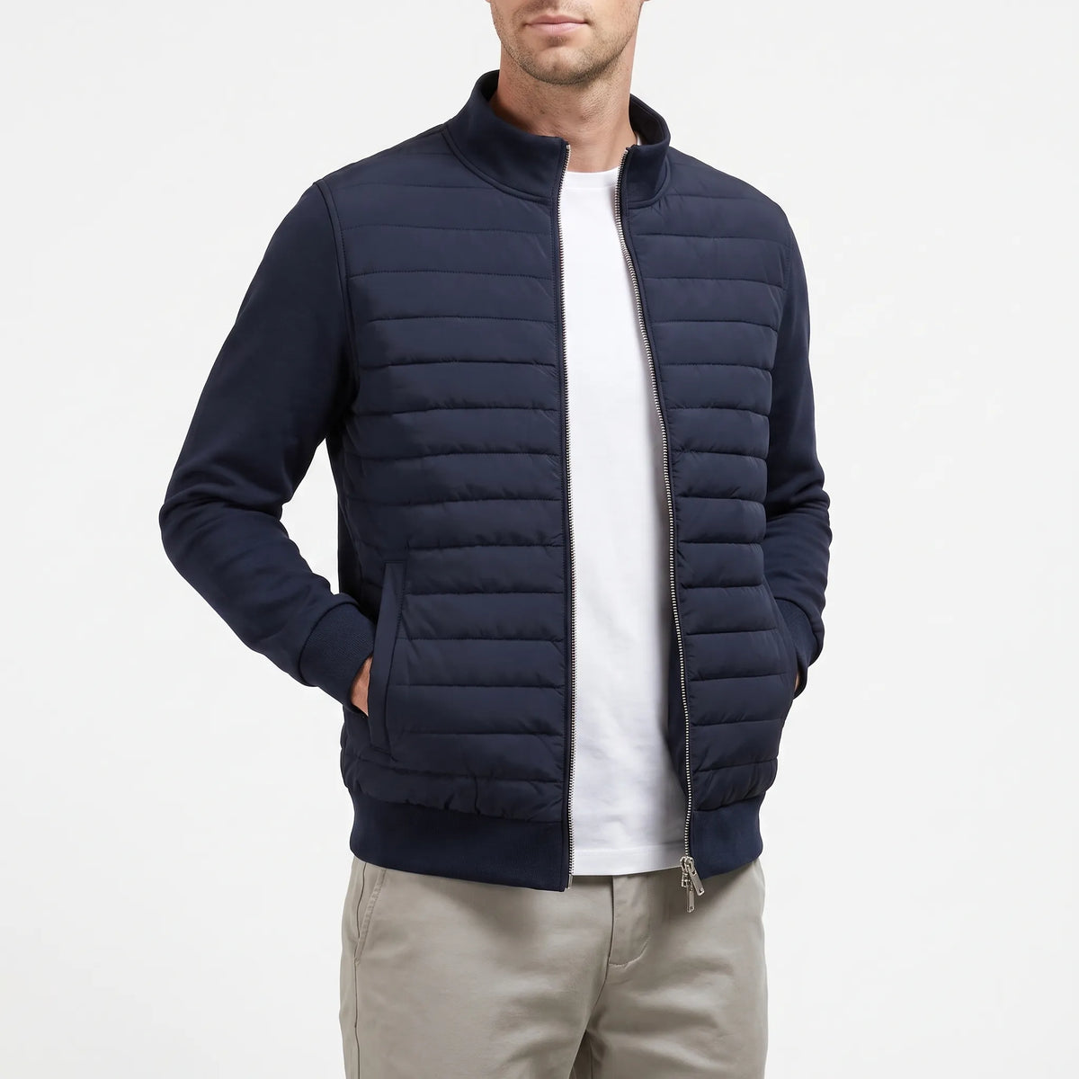 Men's hybrid quilted jacket with stand collar, long sleeves and front zip