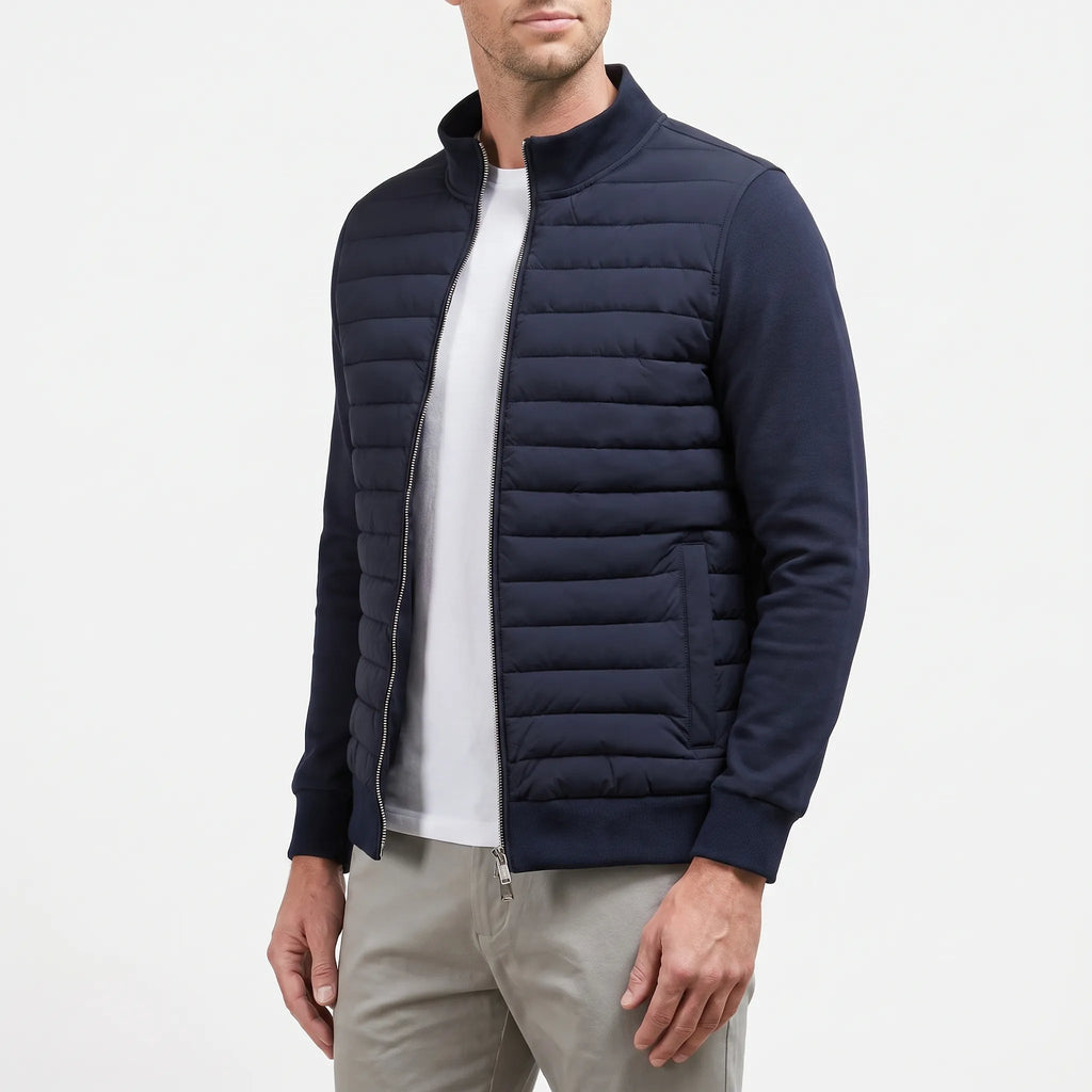 Men's hybrid quilted jacket with stand collar, long sleeves and front zip