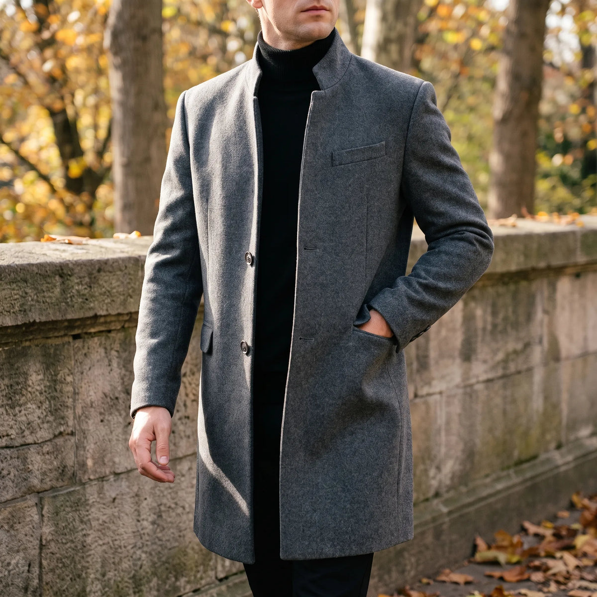 Men's tailored top coat with stand collar and button front