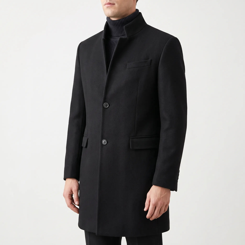 Men's tailored top coat with stand collar and button front