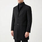 Men's tailored top coat with stand collar and button front