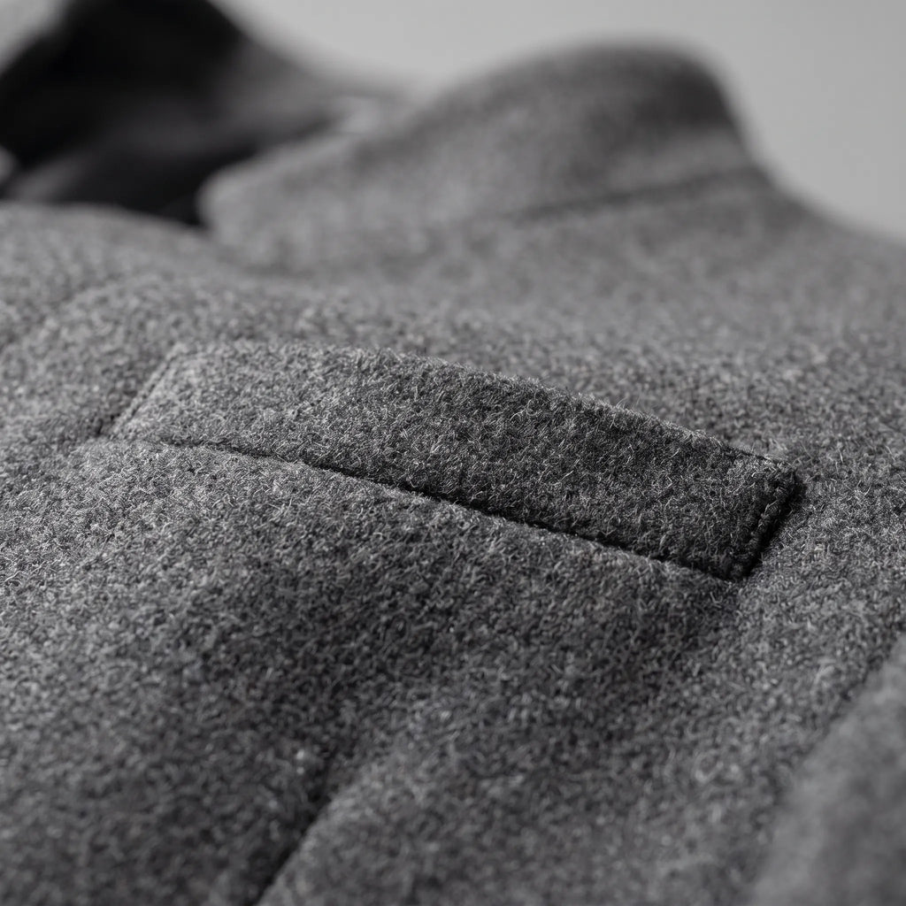 Men's tailored top coat with stand collar and button front