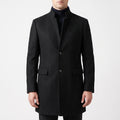 Men's tailored top coat with stand collar and button front