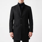 Men's tailored top coat with stand collar and button front