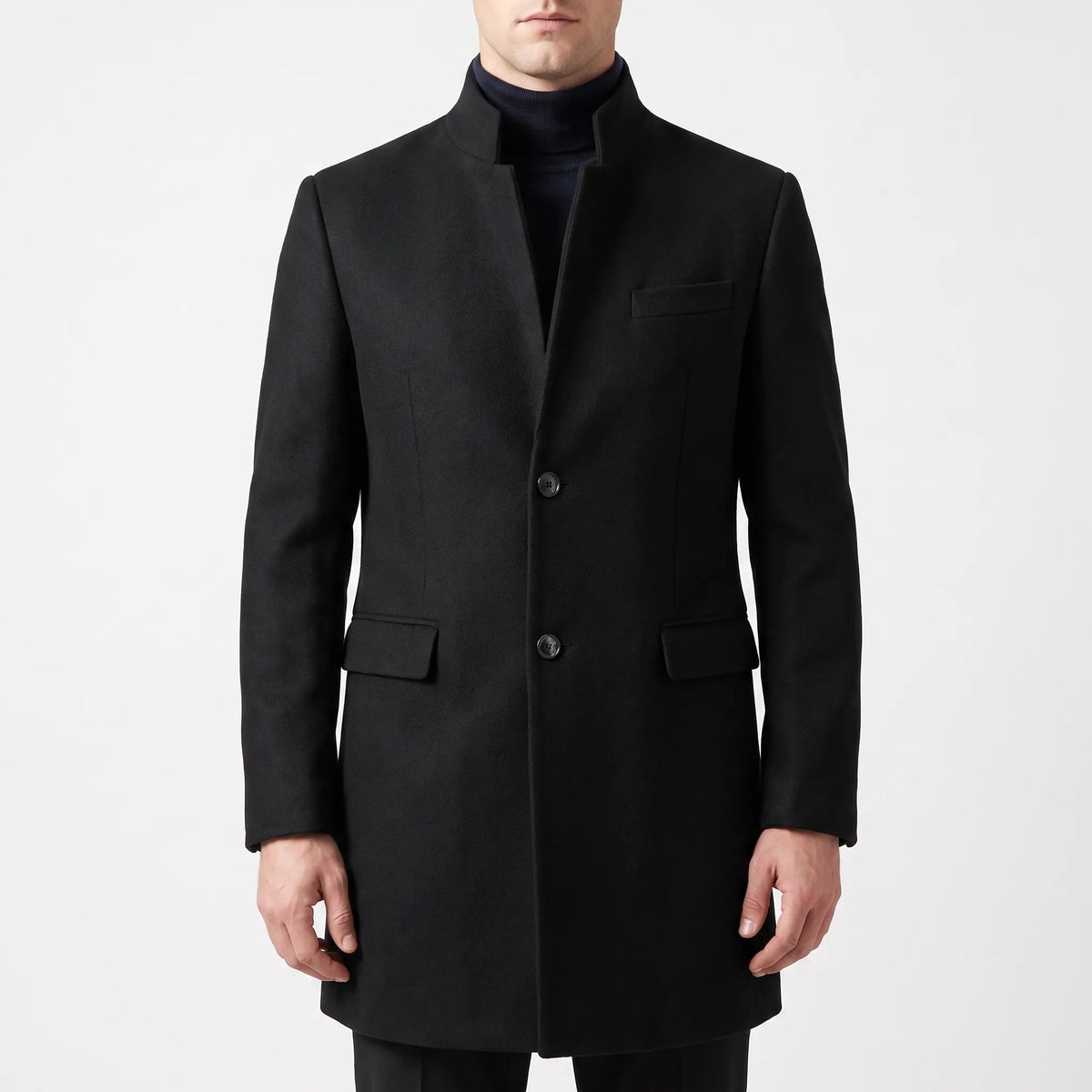 Men's tailored top coat with stand collar and button front