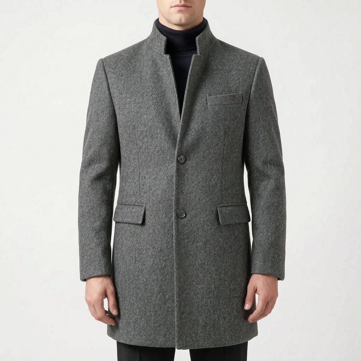 Men's tailored top coat with stand collar and button front