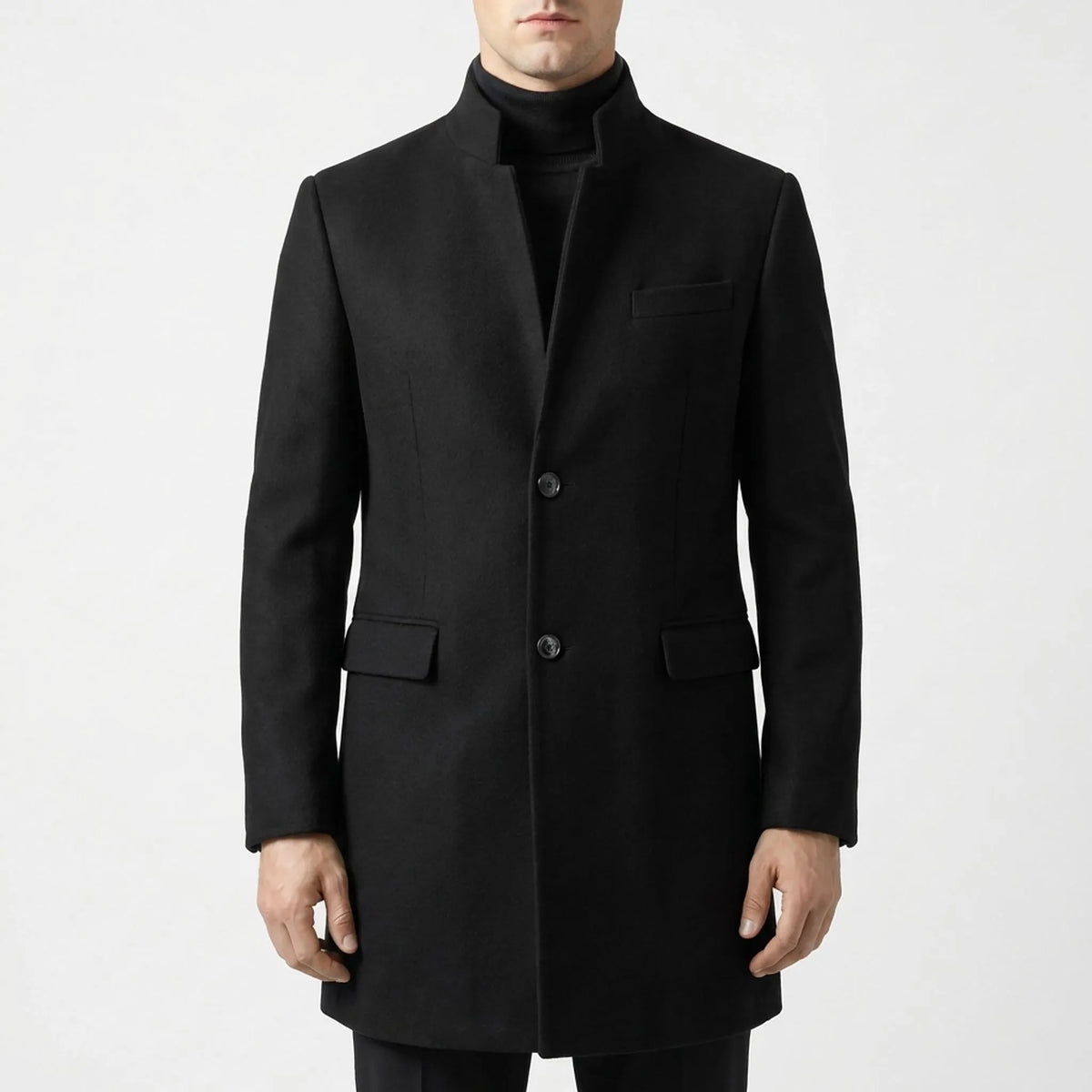 Men's tailored top coat with stand collar and button front