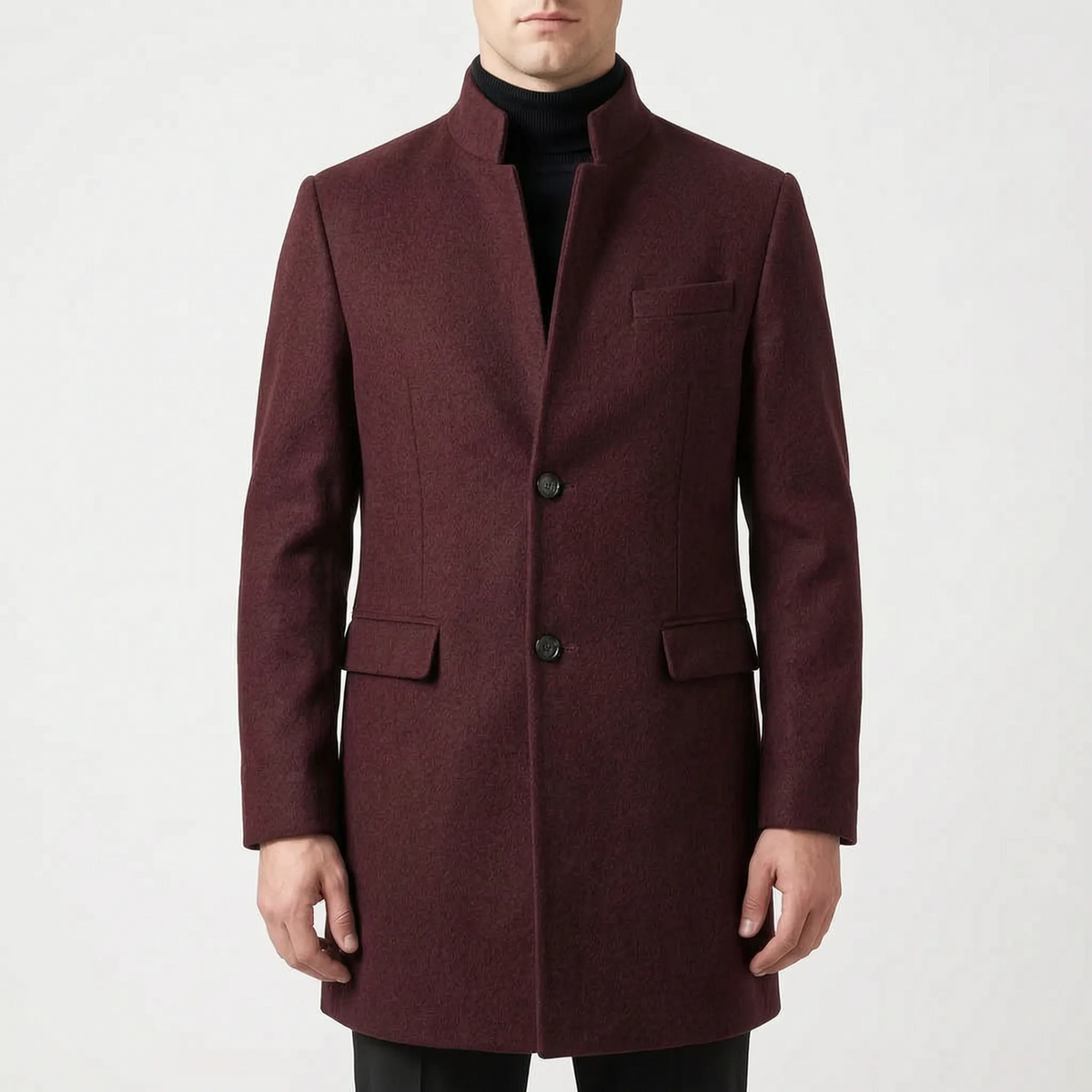 Men's tailored top coat with stand collar and button front