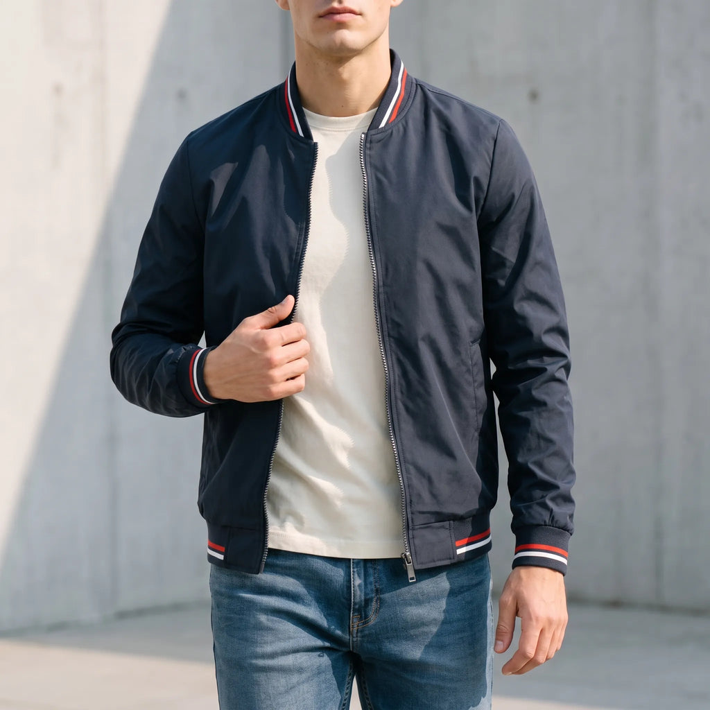 Men's bomber jacket with striped ribbed trims and zip front