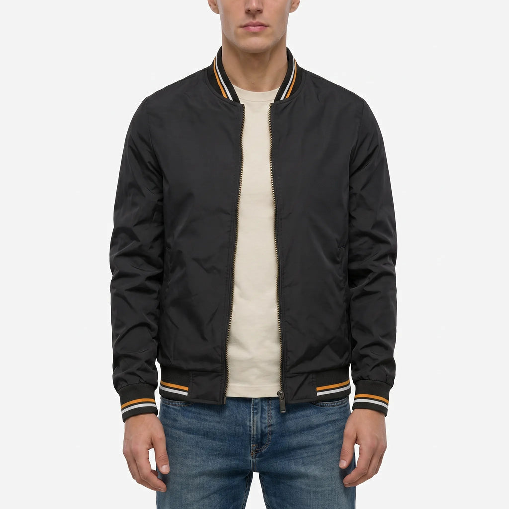 Men's bomber jacket with striped ribbed trims and zip front