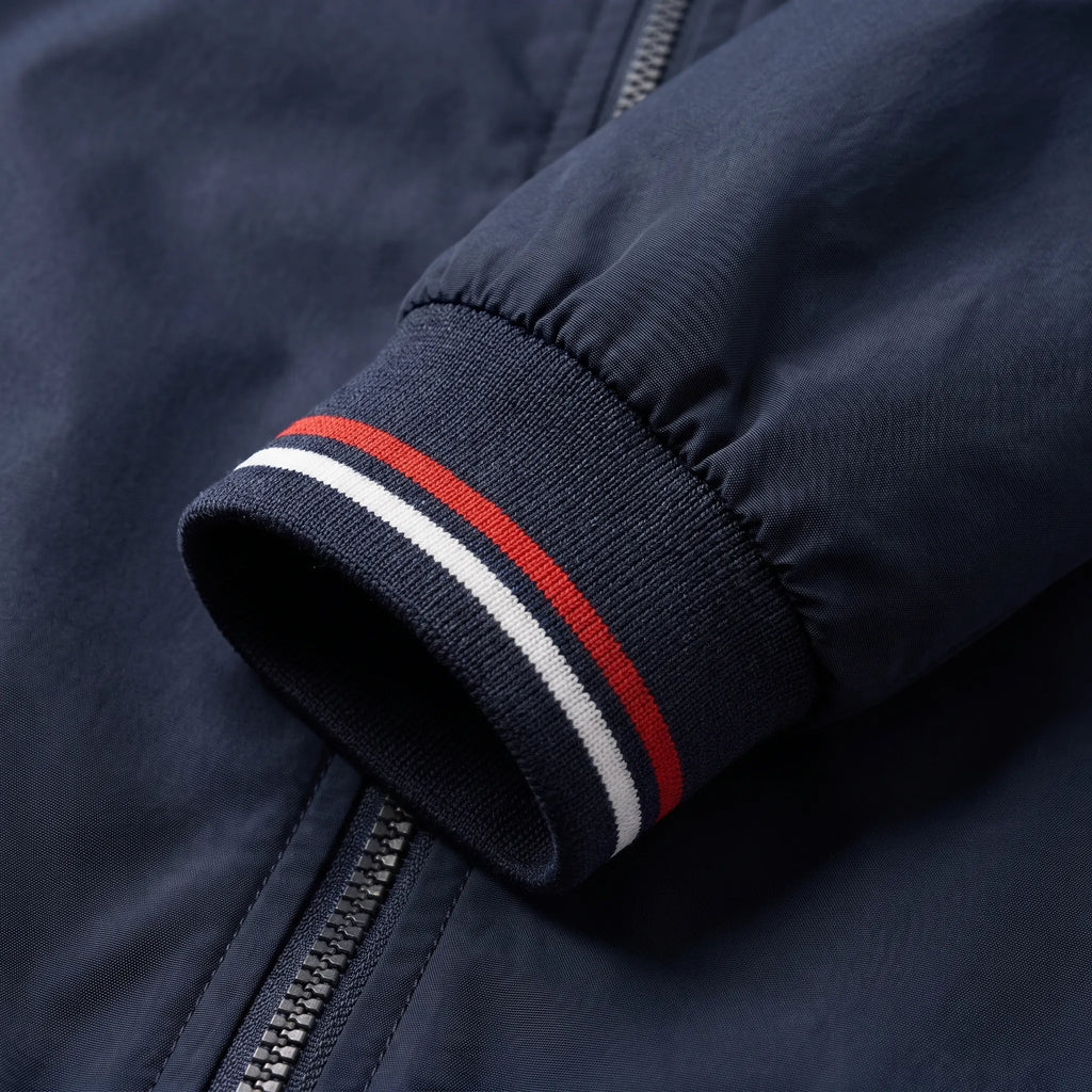 Men's bomber jacket with striped ribbed trims and zip front