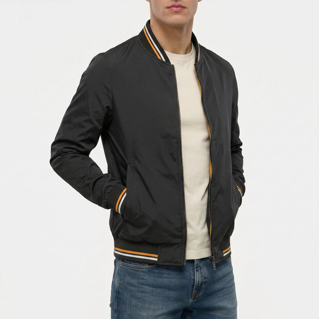Men's bomber jacket with striped ribbed trims and zip front