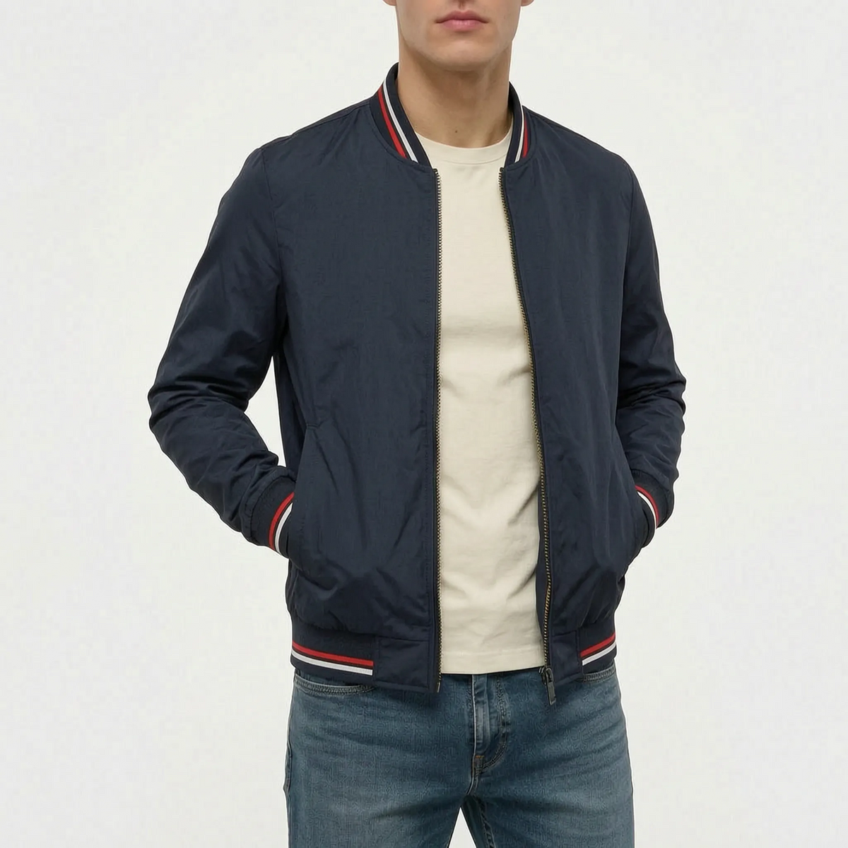 Men's bomber jacket with striped ribbed trims and zip front