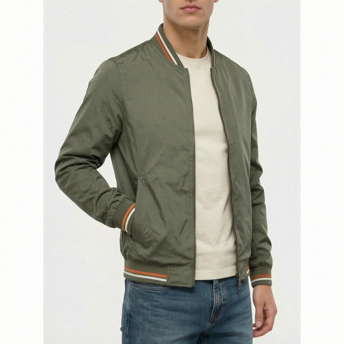 Men's bomber jacket with striped ribbed trims and zip front