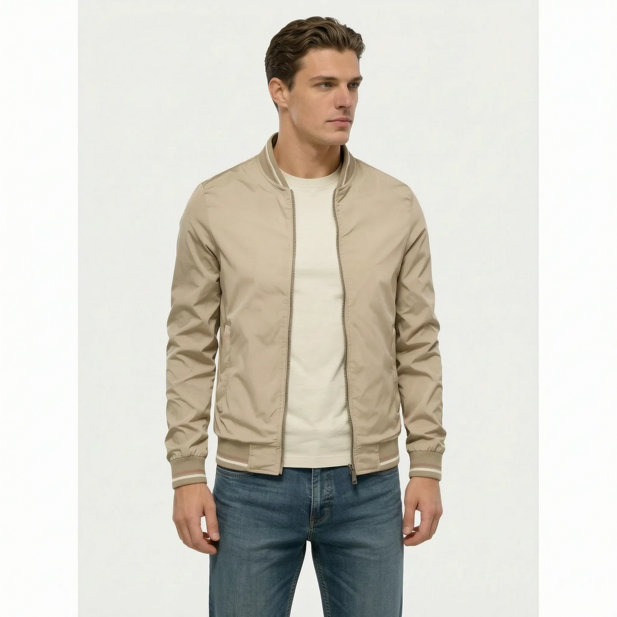 Men's bomber jacket with striped ribbed trims and zip front