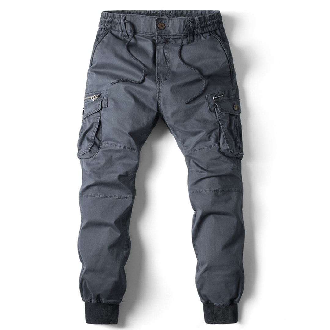 Men's tapered cargo trousers with utility pockets and ribbed ankle cuffs