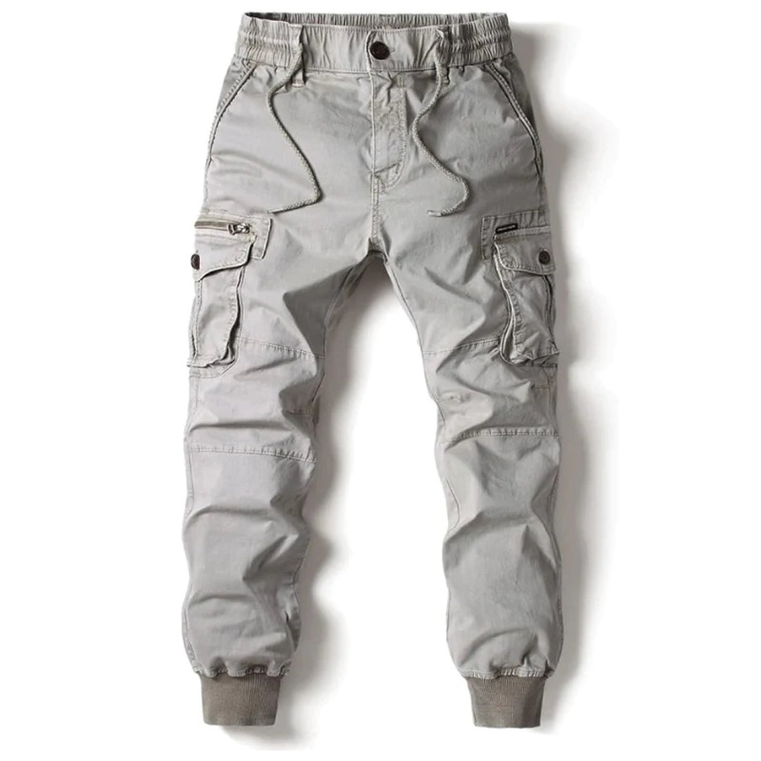 Men's tapered cargo trousers with utility pockets and ribbed ankle cuffs
