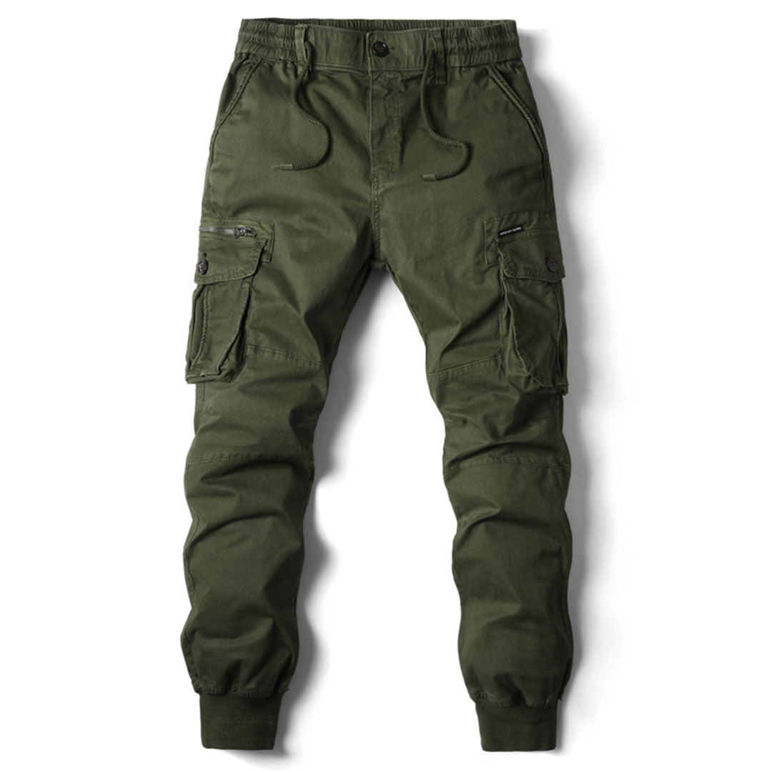 Men's tapered cargo trousers with utility pockets and ribbed ankle cuffs