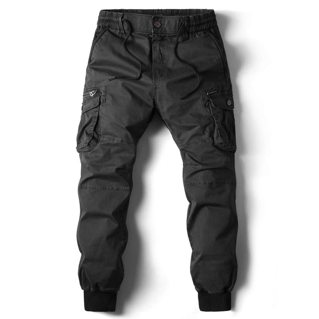 Men's tapered cargo trousers with utility pockets and ribbed ankle cuffs