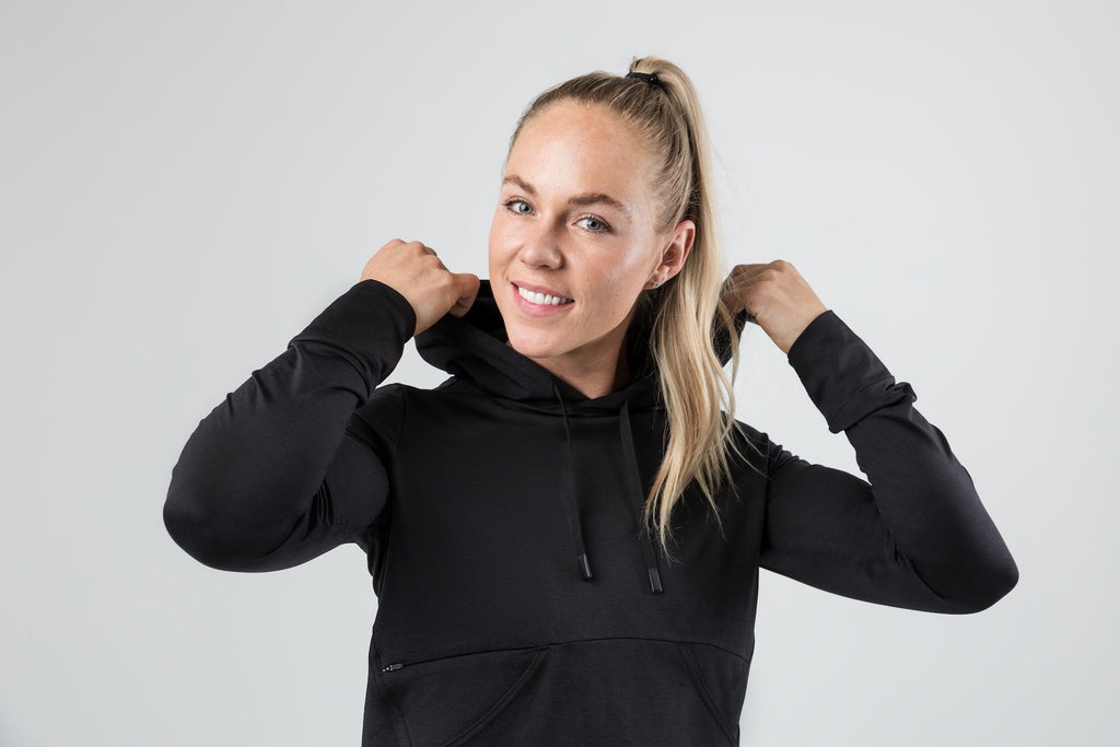 Women's long sleeve pullover hoodie with drawstring hood and front kangaroo pocket