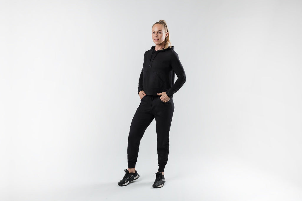 Women's long sleeve pullover hoodie with drawstring hood and front kangaroo pocket