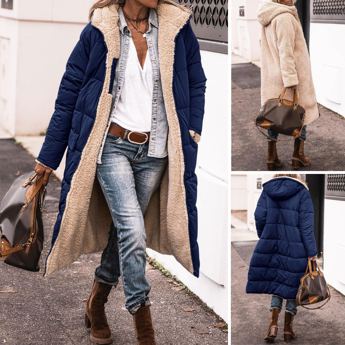 Woman wearing a reversible longline hooded padded coat with a quilted side and textured reverse