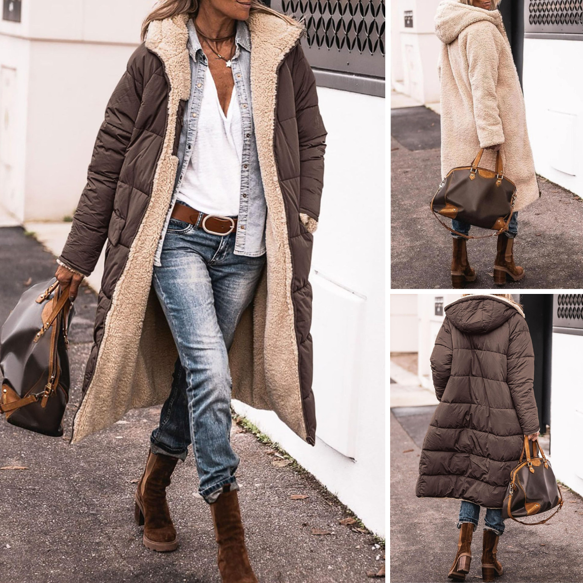 Woman wearing a reversible longline hooded padded coat with a quilted side and textured reverse