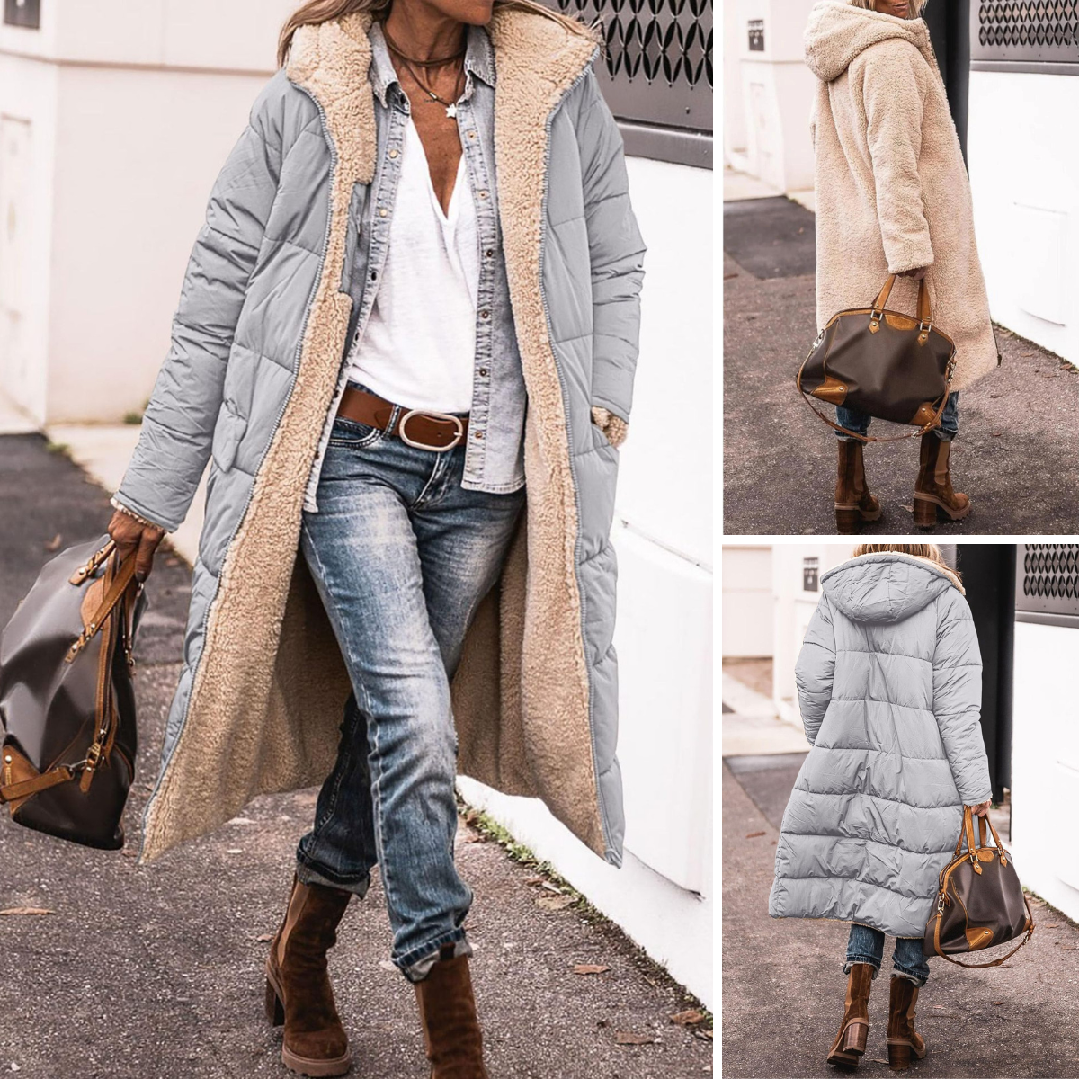 Woman wearing a reversible longline hooded padded coat with a quilted side and textured reverse