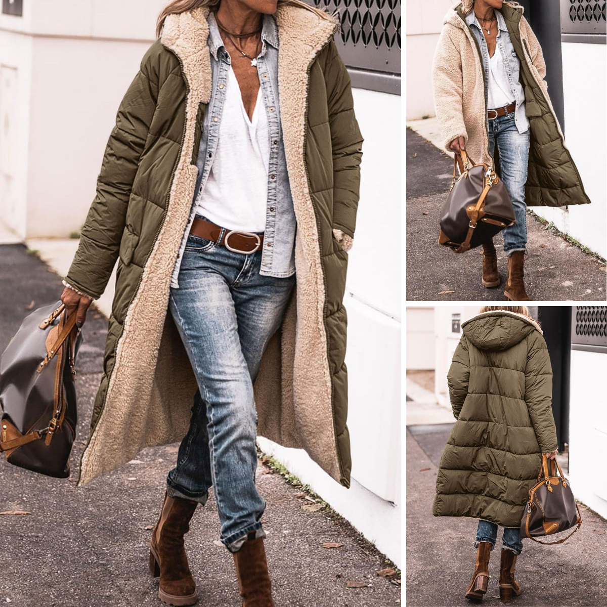 Woman wearing a reversible longline hooded padded coat with a quilted side and textured reverse