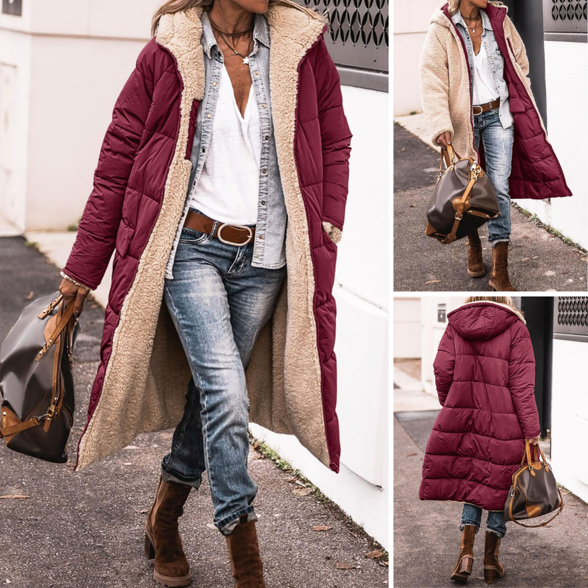 Woman wearing a reversible longline hooded padded coat with a quilted side and textured reverse