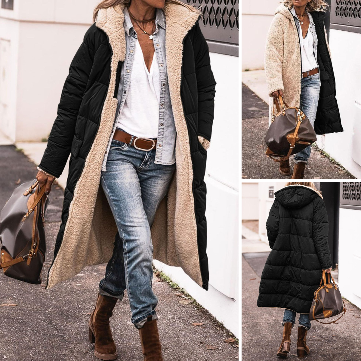 Woman wearing a reversible longline hooded padded coat with a quilted side and textured reverse