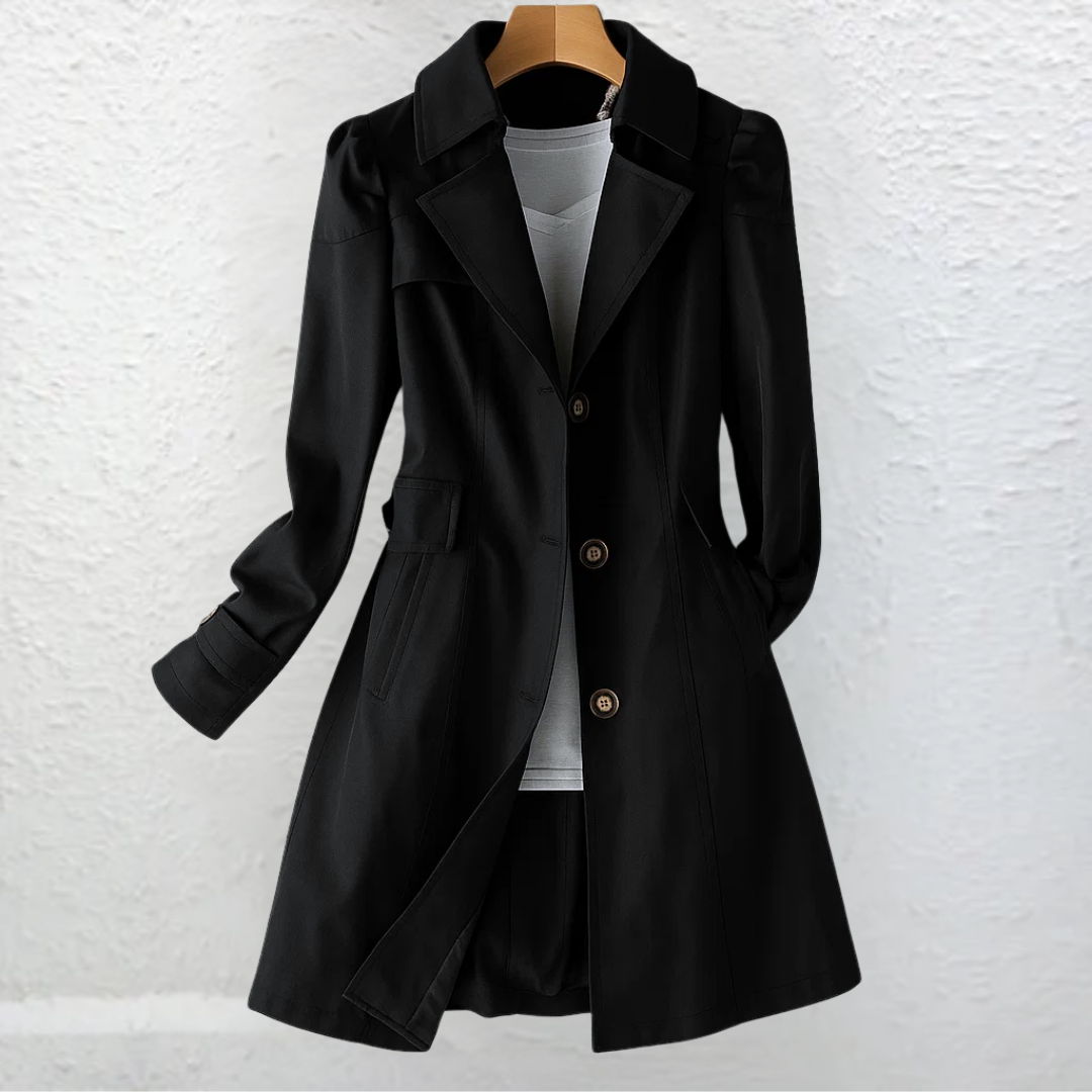 Women's longline trench coat with notched lapels, button front and cuff tabs