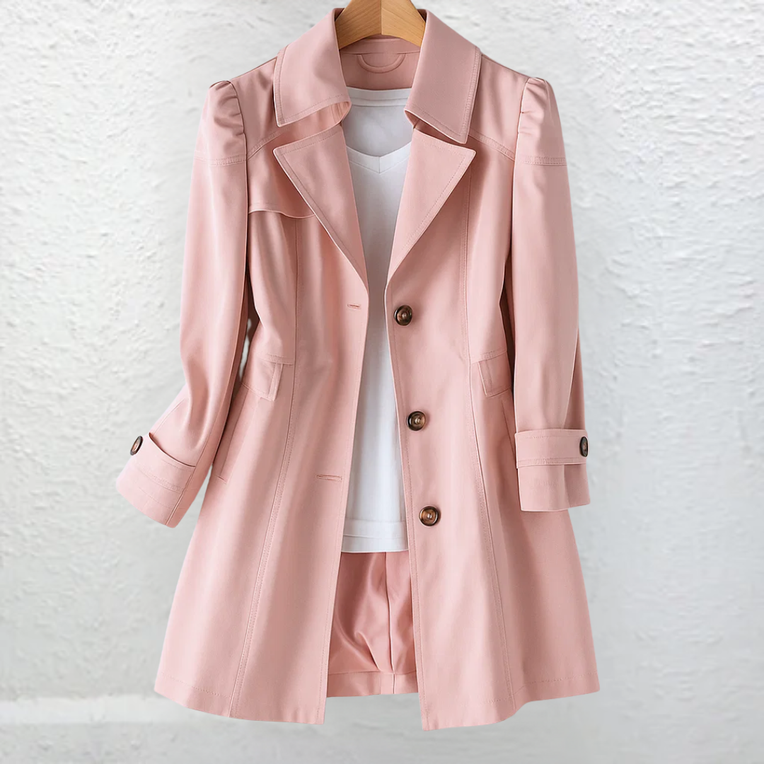 Women's longline trench coat with notched lapels, button front and cuff tabs