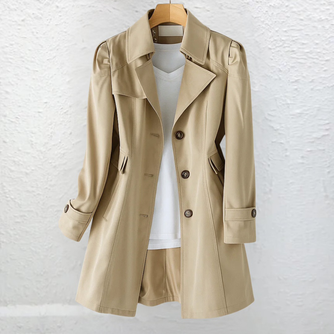 Women's longline trench coat with notched lapels, button front and cuff tabs