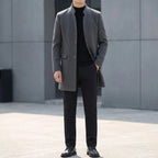 Men's tailored stand collar coat with button front and long sleeves