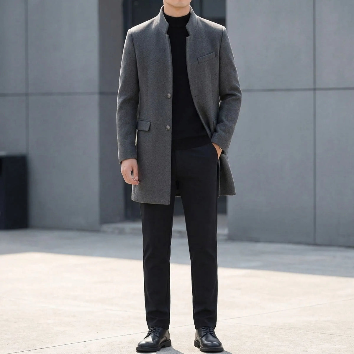 Men's tailored stand collar coat with button front and long sleeves