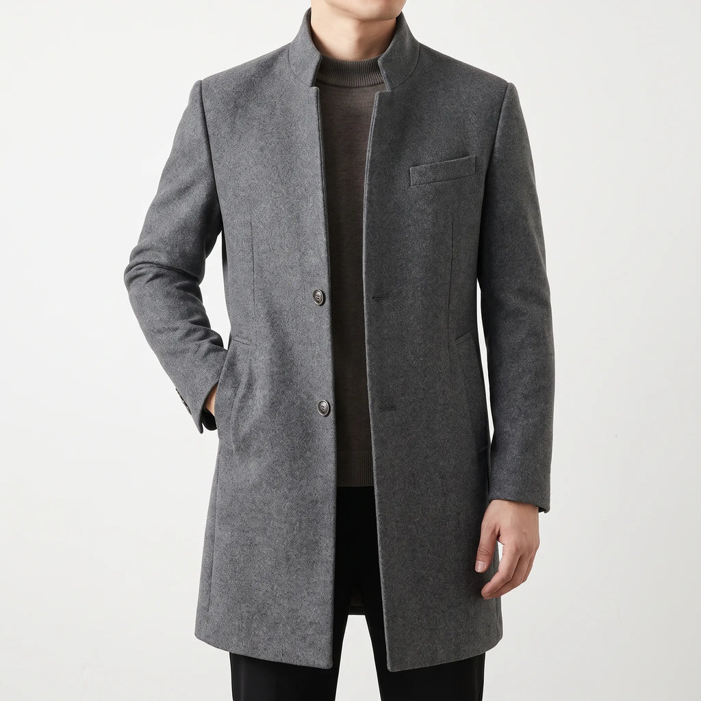 Men's tailored stand collar coat with button front and long sleeves