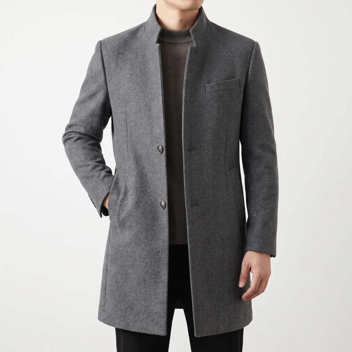 Men's tailored stand collar coat with button front and long sleeves