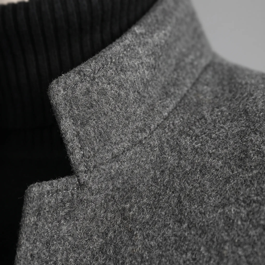 Men's tailored stand collar coat with button front and long sleeves