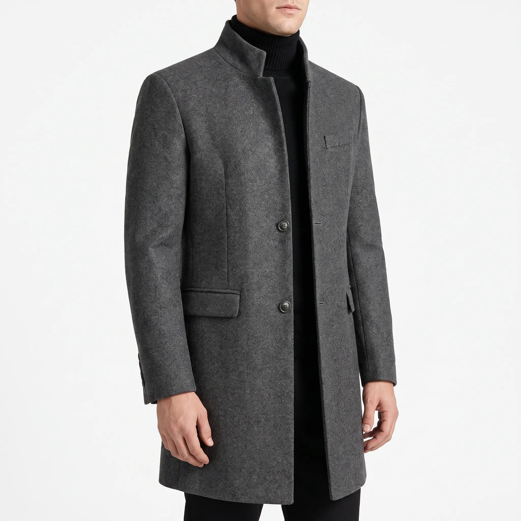 Men's tailored stand collar coat with button front and long sleeves