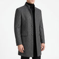 Men's tailored stand collar coat with button front and long sleeves