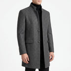 Men's tailored stand collar coat with button front and long sleeves