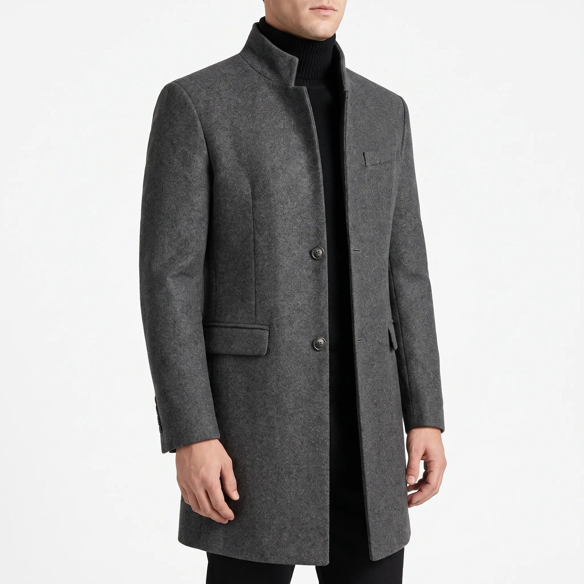 Men's tailored stand collar coat with button front and long sleeves