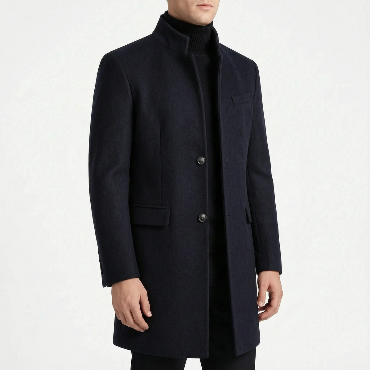 Men's tailored stand collar coat with button front and long sleeves