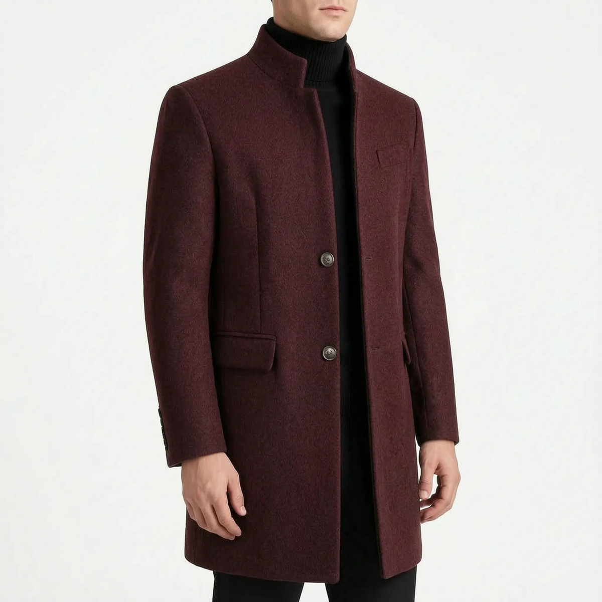 Men's tailored stand collar coat with button front and long sleeves