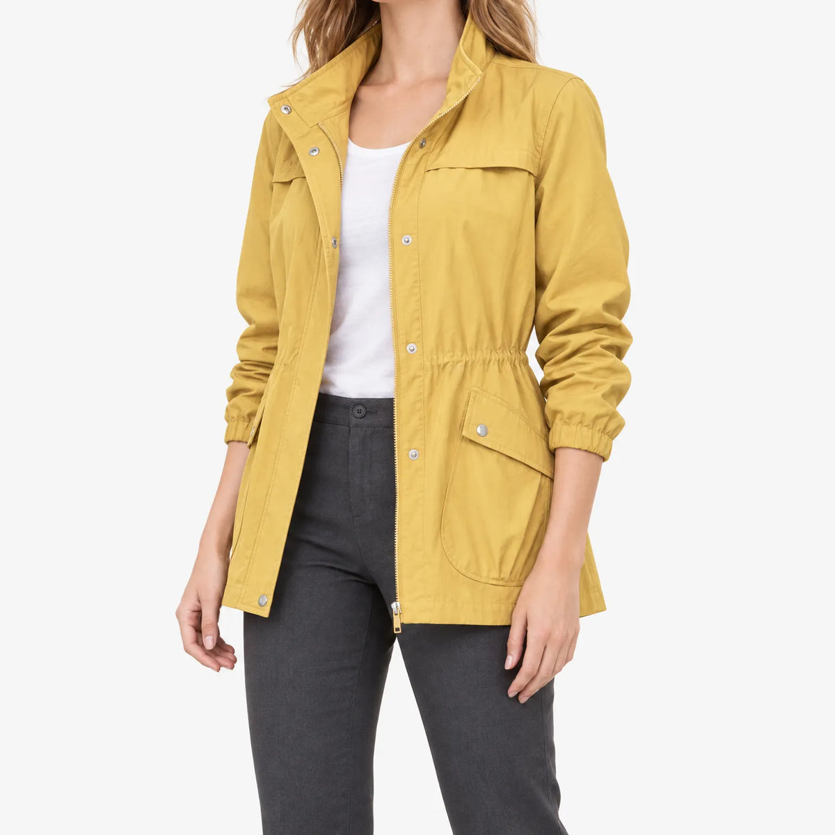 Women's lightweight solid zip jacket with stand collar, long sleeves and multiple pockets