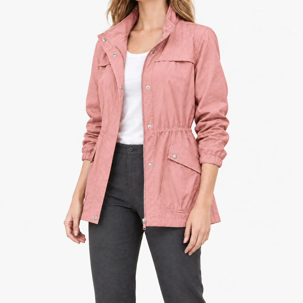 Women's lightweight solid zip jacket with stand collar, long sleeves and multiple pockets