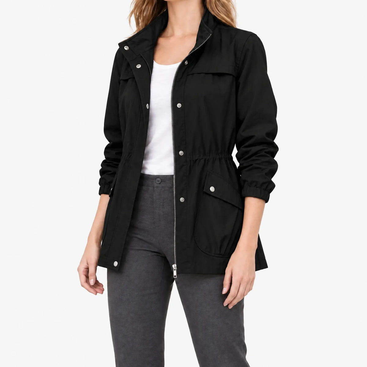 Women's lightweight solid zip jacket with stand collar, long sleeves and multiple pockets