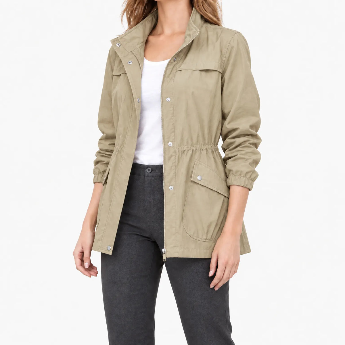 Women's lightweight solid zip jacket with stand collar, long sleeves and multiple pockets