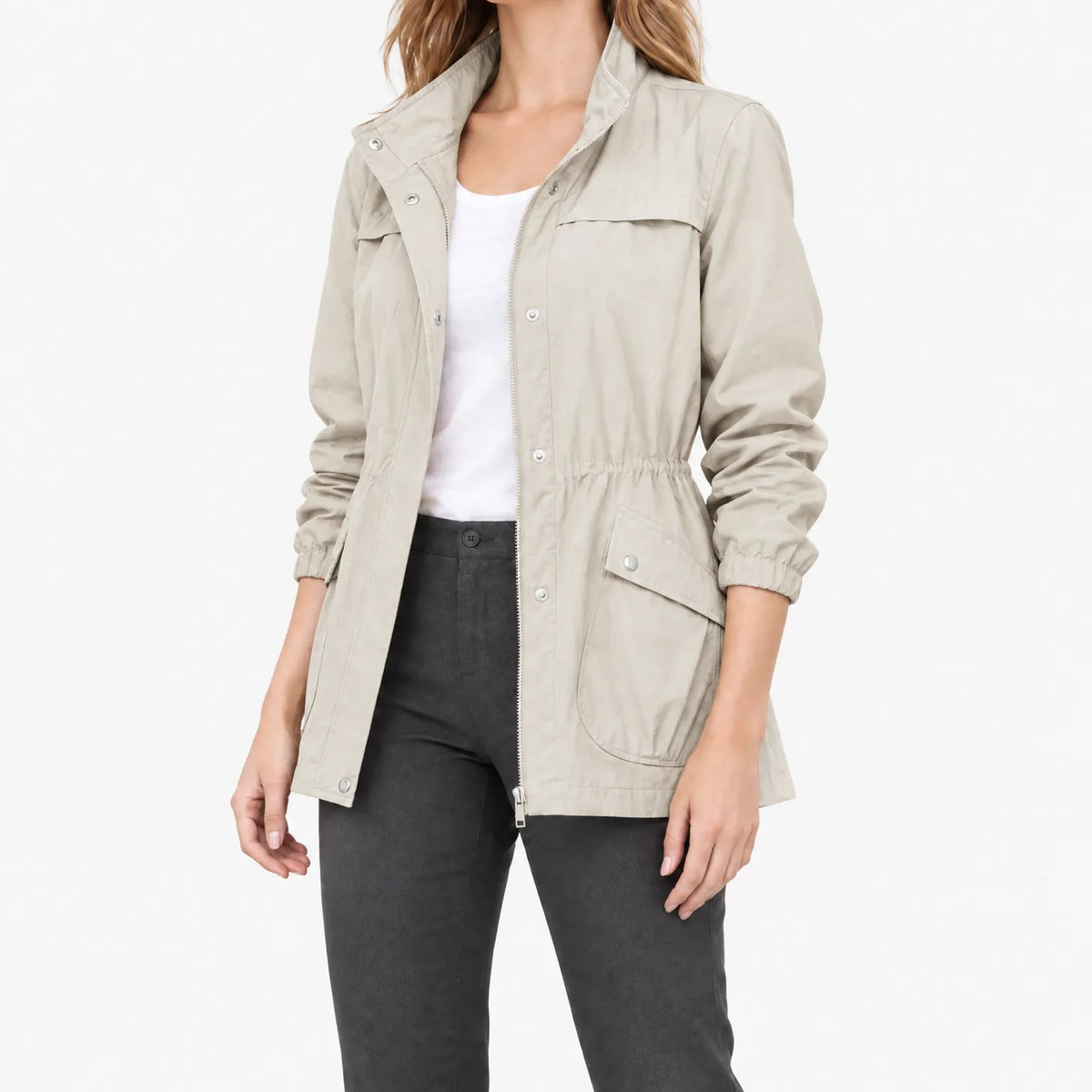 Women's lightweight solid zip jacket with stand collar, long sleeves and multiple pockets